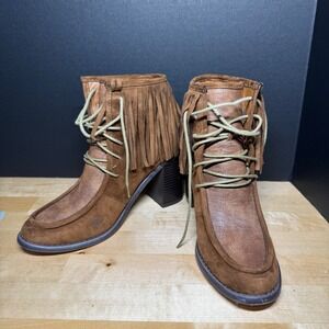 Vanessa Wu Brown Faux Suede Fringe Lace Up Block Heel Ankle Boots BT 1427 CM 38